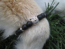 Load image into Gallery viewer, Lava Stone Jewelry Bracelet Silver Owl Smooth Matte Black Beaded