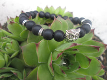 Load image into Gallery viewer, Lava Stone Jewelry Bracelet Silver Owl Smooth Matte Black Beaded