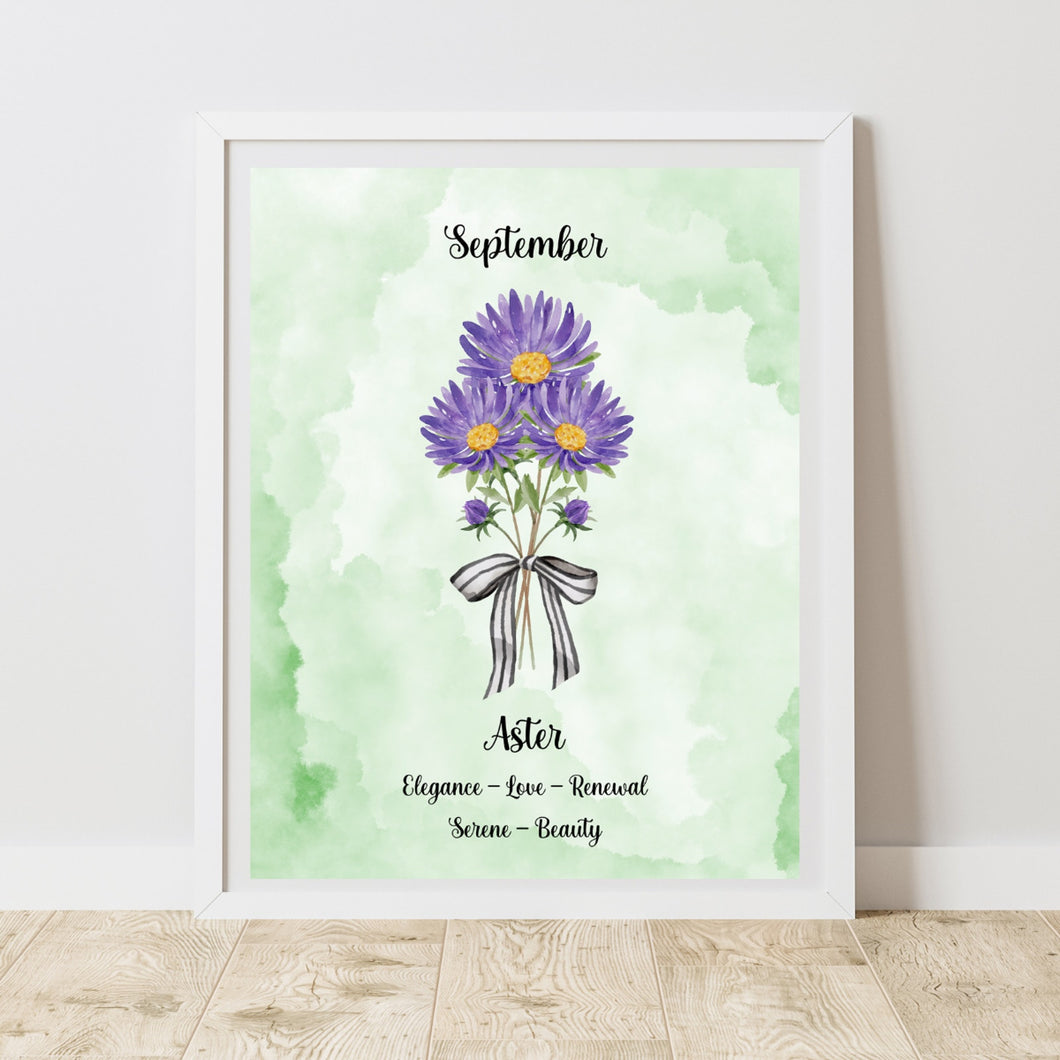 Purple Aster Flower Print September Birth Month Gift 8x10 Green Watercolor Love