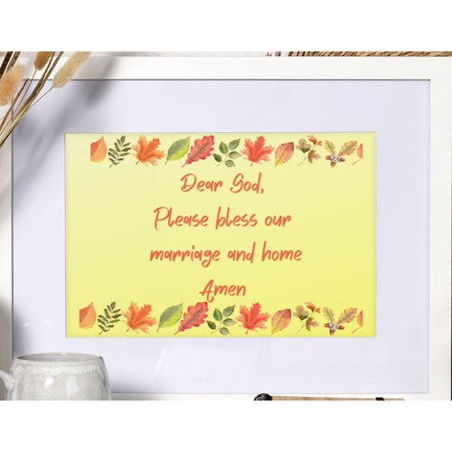 Please Bless Our Home & Marriage Yellow Wall Art Print Fall Leaf Foliage Border