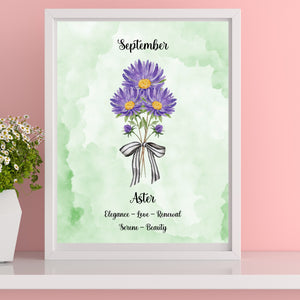 Purple Aster Flower Print September Birth Month Gift 8x10 Green Watercolor Love