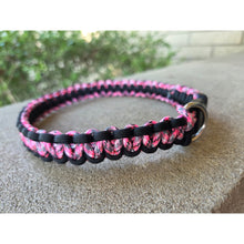 Load image into Gallery viewer, Handmade Paracord Dog Collar Durable Cobra Knot Weave 14–18″ Pink Camo Black