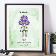 Load image into Gallery viewer, Purple Aster Flower Print September Birth Month Gift 8x10 Green Watercolor Love