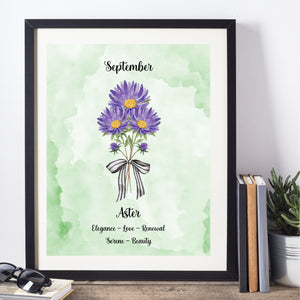 Purple Aster Flower Print September Birth Month Gift 8x10 Green Watercolor Love