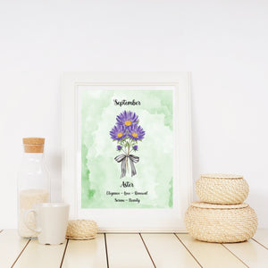 Purple Aster Flower Print September Birth Month Gift 8x10 Green Watercolor Love