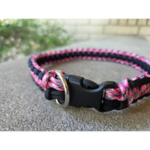Load image into Gallery viewer, Handmade Paracord Dog Collar Durable Cobra Knot Weave 14–18″ Pink Camo Black