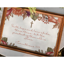Load image into Gallery viewer, Bible Verse Art Prints 1 Corinthians 13:13 Faith Hope Love Purple Orange Foliage