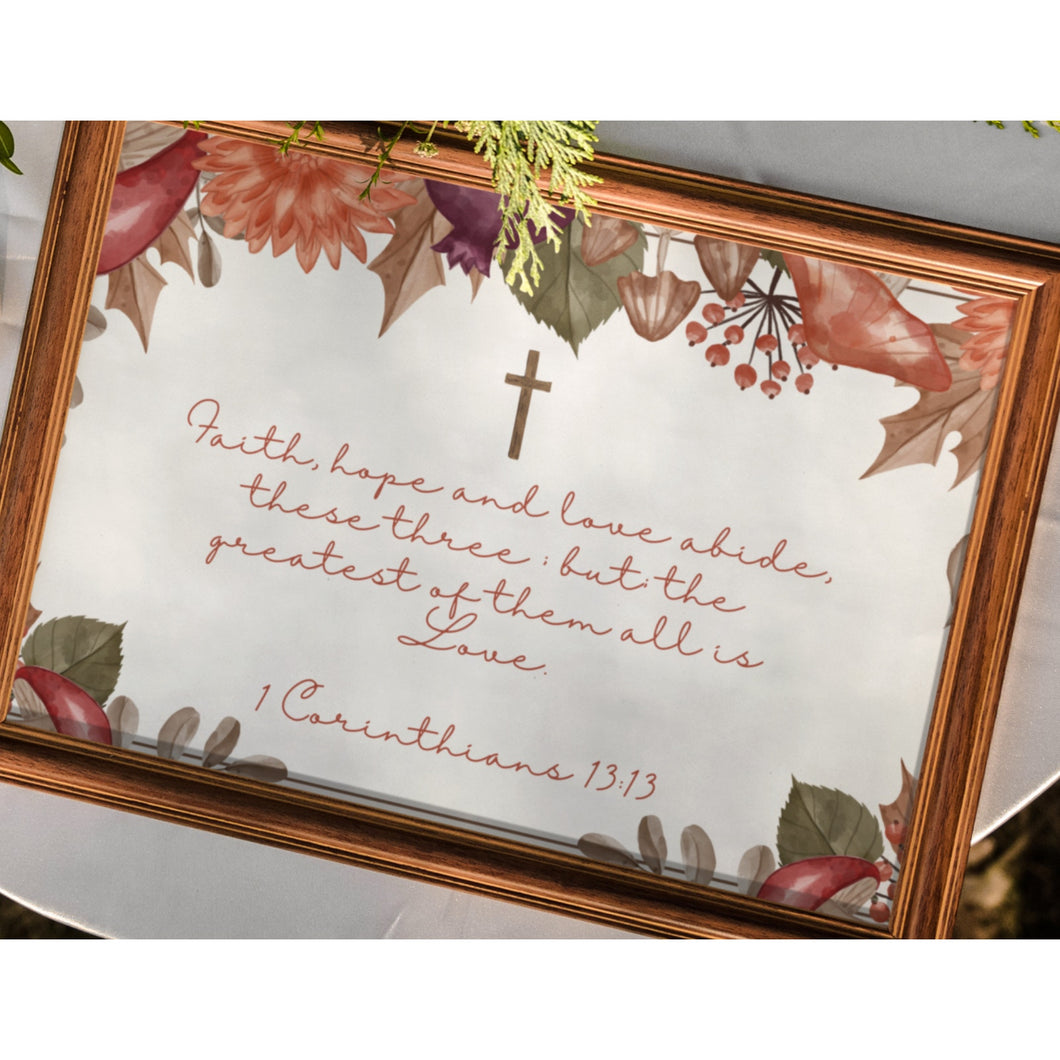 Bible Verse Art Prints 1 Corinthians 13:13 Faith Hope Love Purple Orange Foliage