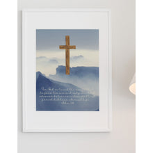 Load image into Gallery viewer, Faith Based Art Print Bible Scripture Quote John 3:16 Gray Sky Mountains Cross