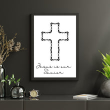 Load image into Gallery viewer, Jesus Christ Is Our Savior Faith Based Art Print Cross Black &amp; White PRINT ONLY