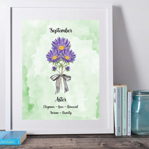 Purple Aster Flower Print September Birth Month Gift 8x10 Green Watercolor Love