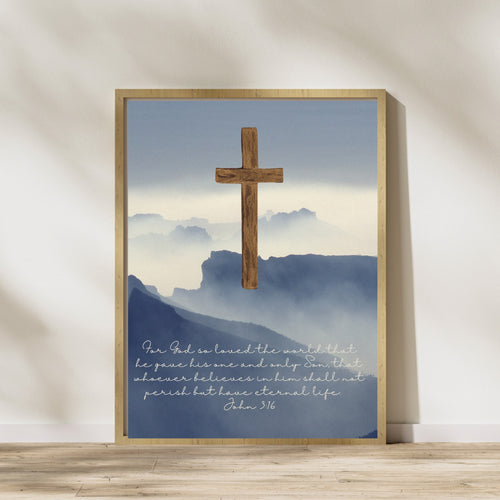 Faith Based Art Print Bible Scripture Quote John 3:16 Gray Sky Mountains Cross