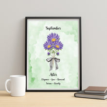 Load image into Gallery viewer, Purple Aster Flower Print September Birth Month Gift 8x10 Green Watercolor Love