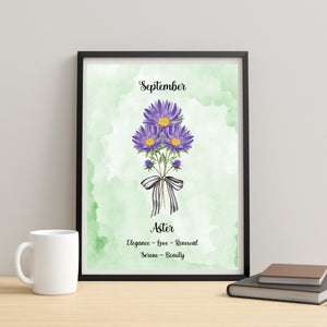 Purple Aster Flower Print September Birth Month Gift 8x10 Green Watercolor Love