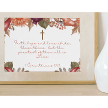 Load image into Gallery viewer, Bible Verse Art Prints 1 Corinthians 13:13 Faith Hope Love Purple Orange Foliage