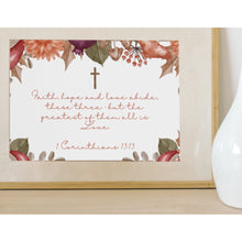 Load image into Gallery viewer, Bible Verse Art Prints 1 Corinthians 13:13 Faith Hope Love Purple Orange Foliage