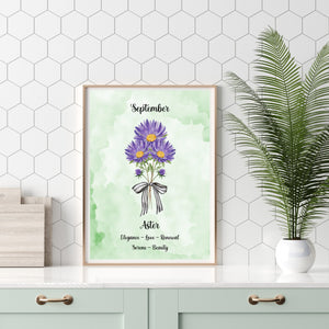 Purple Aster Flower Print September Birth Month Gift 8x10 Green Watercolor Love