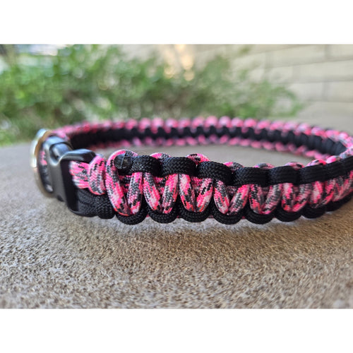 Handmade Paracord Dog Collar Durable Cobra Knot Weave 14–18″ Pink Camo Black
