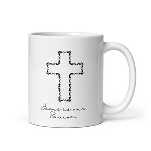 Jesus Is Our Savior Coffee Mug 11 Oz Black Cross