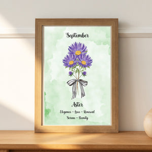 Purple Aster Flower Print September Birth Month Gift 8x10 Green Watercolor Love