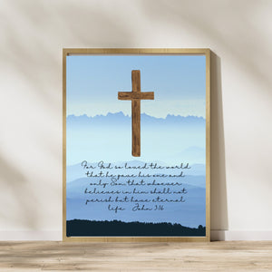 John 3:16 8x10 Wall Art Print Bible Faith Scripture Quote Blue Sky Clouds Cross