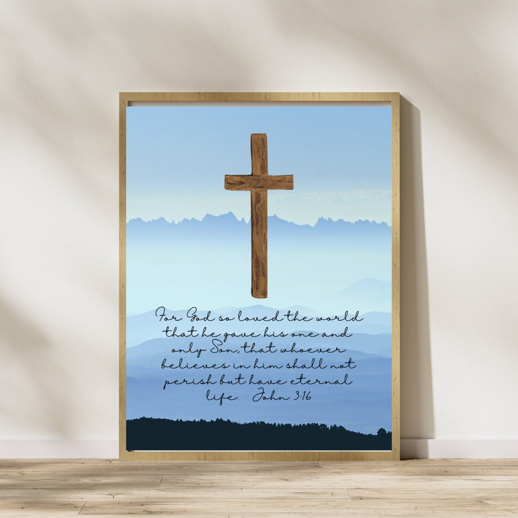 John 3:16 8x10 Wall Art Print Bible Faith Scripture Quote Blue Sky Clouds Cross
