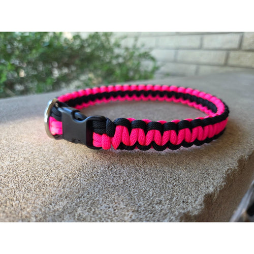 Handmade Paracord Dog Collar Durable Cobra Knot Weave 14–18″ Neon Pink Black