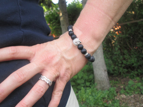 Lava Stone Jewelry Bracelet Silver Owl Smooth Matte Black Beaded